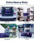 Collage showing Six Pack Heavy Duty Moving Bags 210GSM for car trunk, storage shelf, camping, and airport travel use.