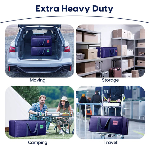Collage showing Six Pack Heavy Duty Moving Bags 210GSM for car trunk, storage shelf, camping, and airport travel use.