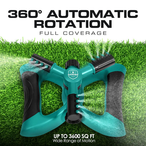 Rotating Garden Sprinkler With 3 Adjustable Arms Stable Weighted Base 360 Degree Coverage on grass field