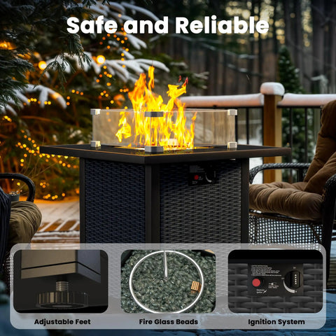 28 Inch Rattan Square Outdoor Gas Fire Pit Table With Glass Wind Guard And Tempered Glass Top Includes Lid 50,000 BTU CSA Listed