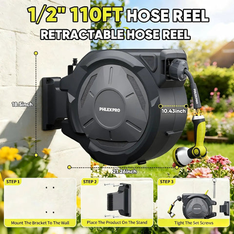 Heavy Duty Retractable Garden Hose Reel With Wall Mount 110 Feet Half Inch Hose Three Quarter Inch Brass Fittings Ten Pattern Nozzle