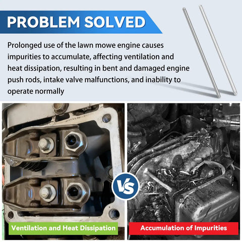 Intake And Exhaust Push Rod Kit 692003 692011 For Briggs And Stratton Lawn Mower Engines Go To Replacement Kit For Reliable Performance And Long Lasting Durability showing comparison of clean and dirty engine components.