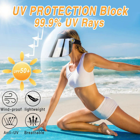 Woman on beach wearing Sun Cap With 360 Degree Rotation And UPF Fifty Plus UV Protection Hat For Hiking Golf Tennis Beach Camping Outdoors Men And Women, Rotating Visor Sun Shield, Lightweight, Breathable, All Day Comfort