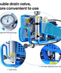 Beefy 4500 PSI PCP Air Compressor For Scuba Tanks And Paintball Gear, detail of double drain valve and pressure gauge