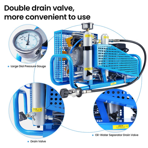 Beefy 4500 PSI PCP Air Compressor For Scuba Tanks And Paintball Gear, detail of double drain valve and pressure gauge