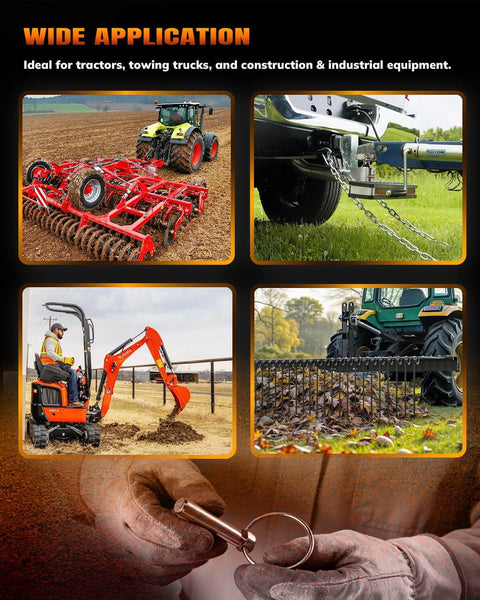 30 Piece Heavy Duty Lynch Pin Assortment Kit With Zinc Plated Steel Pins Includes 4 Sizes For Tractors Trailers Trucks Lawn Mowers And Trolleys Self Locking Ring Prevents Vibration Universal Fit For Farm Implements in use on tractors, trailers, and farm equipment.
