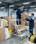 Two workers using Heavy Duty Four Step Rolling Ladder With Secure Handrails Built Different For Warehouse Spaces Rock Solid Eight Hundred Eighty Pound Capacity Premium Cold Rolled Steel.