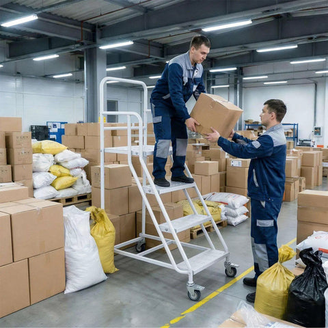 Two workers using Heavy Duty Four Step Rolling Ladder With Secure Handrails Built Different For Warehouse Spaces Rock Solid Eight Hundred Eighty Pound Capacity Premium Cold Rolled Steel.
