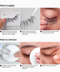 Steps showing application and removal of lash with Clear Lash Adhesive For Strip Lashes And Lash Clusters.