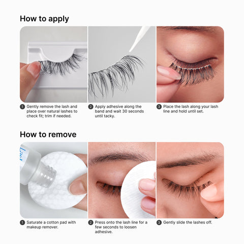 Steps showing application and removal of lash with Clear Lash Adhesive For Strip Lashes And Lash Clusters.