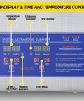 LCD control panel of 6.5 Liter Commercial Ultrasonic Cleaner With 40khz Kick And Built In Heater displaying temperature and time settings.