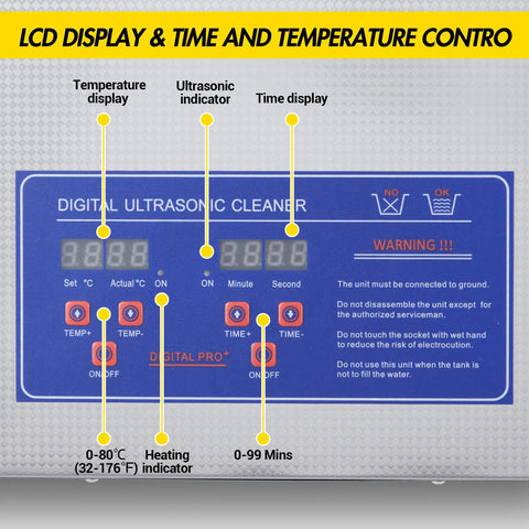 LCD control panel of 6.5 Liter Commercial Ultrasonic Cleaner With 40khz Kick And Built In Heater displaying temperature and time settings.
