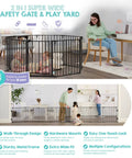 Heavy Metal Super Wide Baby Gate Expands To 192 Inches For Massive Openings Two In One Secure Play Pen With Swinging Locking Door, black metal frame with children inside.