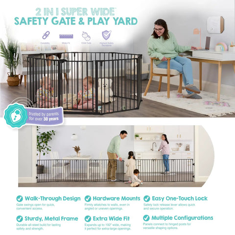 Heavy Metal Super Wide Baby Gate Expands To 192 Inches For Massive Openings Two In One Secure Play Pen With Swinging Locking Door, black metal frame with children inside.