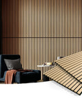 2 Pack Premium Fluted Acoustic Wood Slat Wall Panel For Home Office Noise Cancellation Decor 47.2 By 23.6 Inches Solid Oak with modern chair.