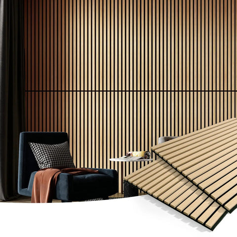 2 Pack Premium Fluted Acoustic Wood Slat Wall Panel For Home Office Noise Cancellation Decor 47.2 By 23.6 Inches Solid Oak with modern chair.