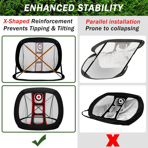 Comparison of Golf Chipping Net Set With Mat And 12 Practice Balls For Backyard And Indoor Practice Portable All In One Golf Training Kit showing stability differences.