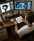 Designer sketching robot-inspired solar spotlight on tablet with computer screens showing robotic designs