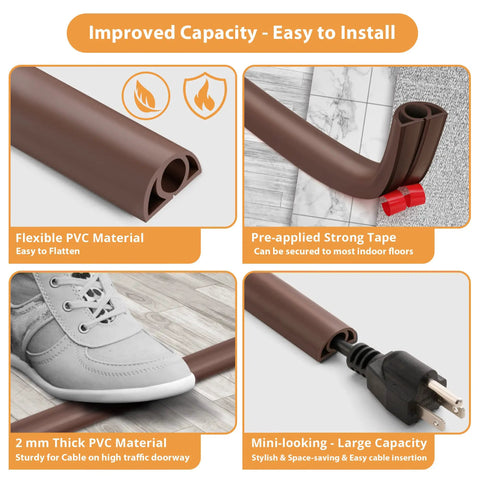 5ft Self Adhesive Cord Cover Floor for Extension Cords shown in flexible PVC with pre-applied tape and brown finish