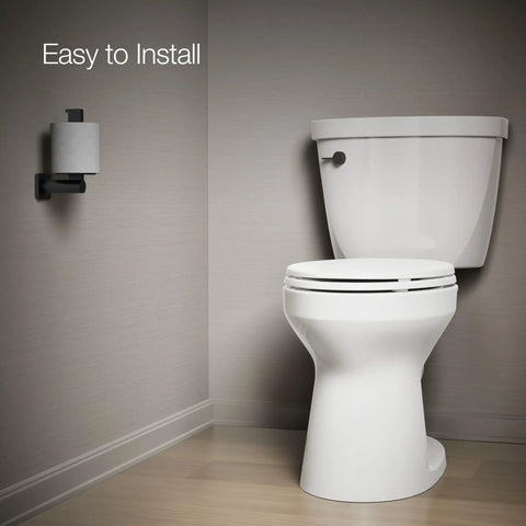 Cimarron Left Hand Toilet Trip Lever In Matte Black on Comfort Height Toilet in bathroom setting, solid brass, ADA compliant.