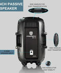 MX15 15 Inch 2500W Bluetooth Powered PA System speaker with side handles, wheels for mobility, and 6.35mm speaker input