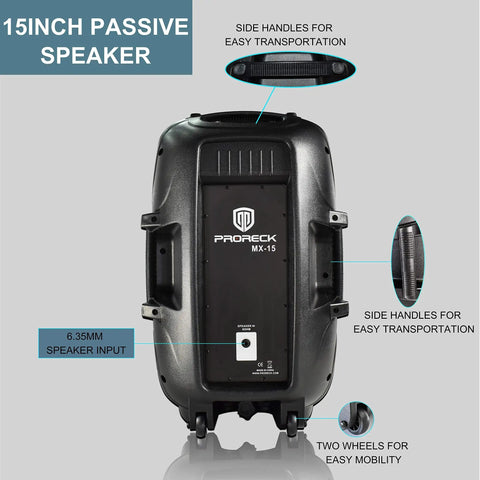 MX15 15 Inch 2500W Bluetooth Powered PA System speaker with side handles, wheels for mobility, and 6.35mm speaker input