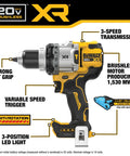 Built Tough Brushless Cordless Hammer Drill 20V Max 1/2 Inch High Torque Workhorse Battery Not Included side view showing features and specifications.
