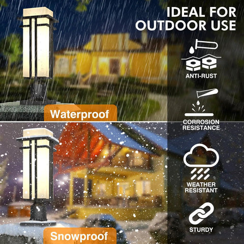 Heavy Duty Aluminum Outdoor Post Light with frosted glass shade in rain and snow, ideal for porch and garden use