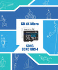 Image of a GO 4K Micro 512GB SDHC SDXC UHS-I memory card against a blue background with action sport icons