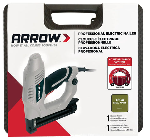 Heavy Duty Electric Brad Nailer for Trim and Framing Projects shown on package with adjustable depth control and 18GA brad nails