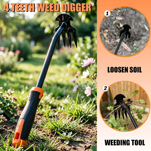 4-tine cultivator from All In One 5 Pack Weed Puller Tool Set with Stainless Steel V Shaped Digger and other tools in garden use