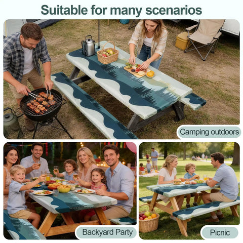 Waterproof Windproof Picnic Table Cover With Bench Covers 3 Piece Set on tables at outdoor picnic, green blue design