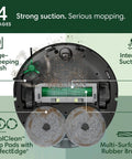 Diagram of Smart Robot Vacuum And Mop Combo With Auto Wash Dock For Busy Homes Extended DualClean Mop Pads Self Emptying Pad Wash And Heated Drying Self Cleaning Obstacle Avoidance LiDAR Navigation For Easy Deep Floor Cleaning features, including suction and mop pads.