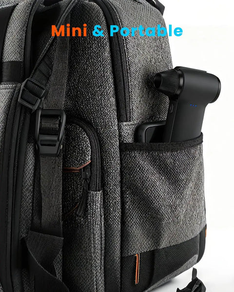 Beast Power Cordless Air Duster with 180000 RPM Turbo Airflow in backpack side pocket, showcasing portability and compact design.