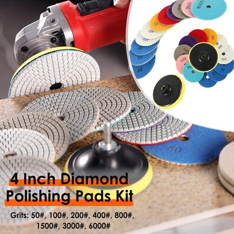 Pro Grade 36 Piece Diamond Polishing Pads Kit For Wet Use 4 Inch Grit Range 50 To 6000 with grinder and various pads displayed