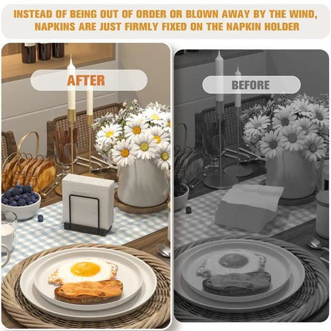 Table Top Napkin Holder Made of Bamboo and Iron, Standing Dispenser for Kitchen and Dining on a set table before and after use.