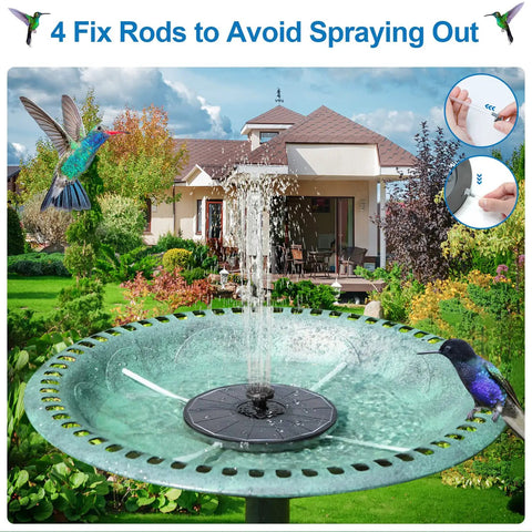3.5W Solar Fountain With 2000mAh Battery For Garden And Pool with hummingbird, glass panel, and fixed pipes in garden setting
