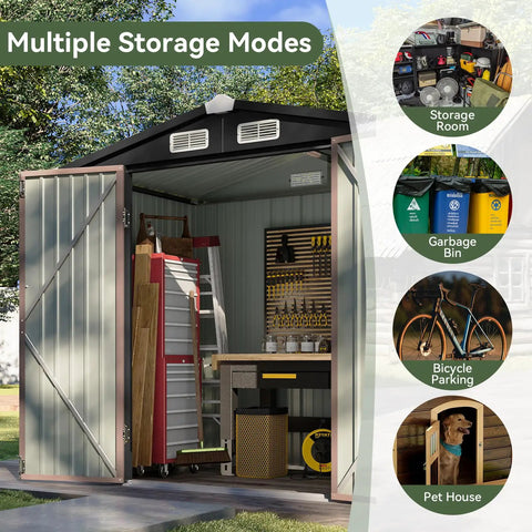Heavy Duty Outdoor Tool Shed With Lockable Doors, 6.2x4 Ft Galvanized Steel Storage with open doors showcasing multiple uses