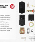 No Sweat Keyless Entry Touchpad Electronic Deadbolt Door Lock With Rock Solid Grade 2 Certified Security And Slick Capetown Finish components in box.