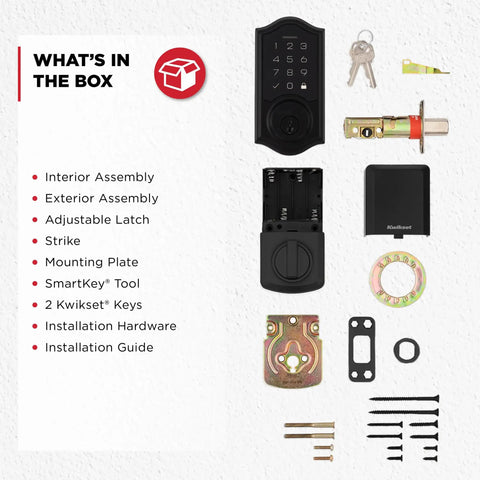 No Sweat Keyless Entry Touchpad Electronic Deadbolt Door Lock With Rock Solid Grade 2 Certified Security And Slick Capetown Finish components in box.