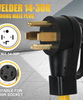 Welder Adapter Cord NEMA 14-30P To 6-50R, 30 Amp 4 Prong Dryer Male Plug, close-up view with socket diagram