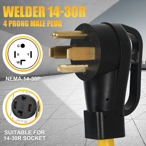 Welder Adapter Cord NEMA 14-30P To 6-50R, 30 Amp 4 Prong Dryer Male Plug, close-up view with socket diagram