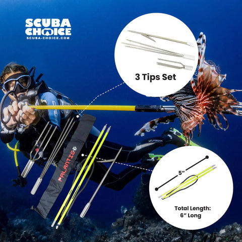 Diver using 5 Foot Two-Piece Fiberglass Travel Pole Spear With 3 Tip Set Paralyzer Single Barb And Lionfish Tip underwater.