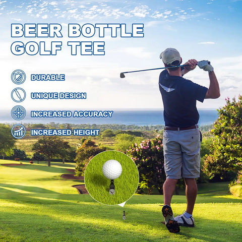 Golfer using Hilarious Lucky Eight Golf Tees Set For Bachelor Parties And Golf Lovers in scenic course, beer bottle tee close-up.