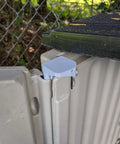 Heavy Duty Beefed Up Steel Core Hinge Pair For Rubbermaid 5X6.5 Slide Lid Resin Outdoor Shed Door Replacement Replaces 3T16 3T17 Detail of steel hinge mounted on resin shed.
