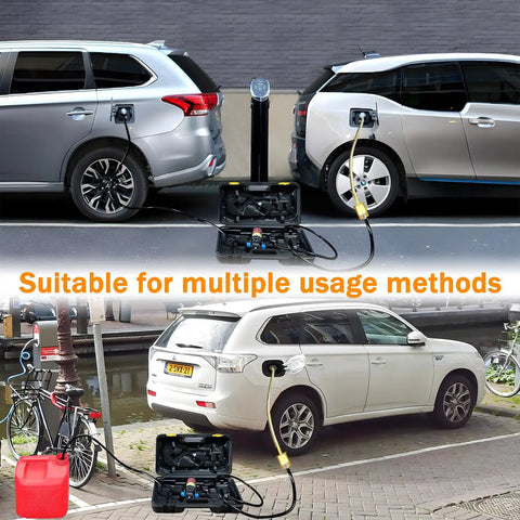 12V Fuel Transfer Pump Set For Gasoline And Diesel in use between two cars with hoses attached displaying versatility