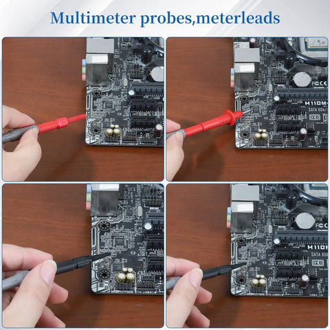 27 Piece Multimeter Test Leads Probes Kit With Big And Small Alligator Clips, Banana Plug Leads, Hook Probes, Tweezers And Wires For Easy Volt Meter Testing Must Have Kit in use on circuit board