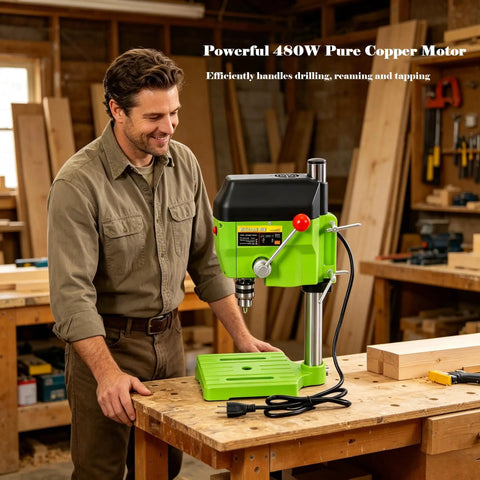 Built Different 480W Mini Bench Drill Press For Wood Metal PCB Tasks With Dual Speed Modes Compact Table Machine in workshop.