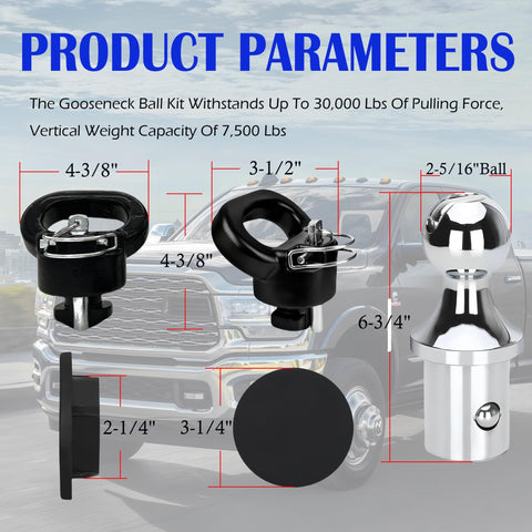 Gooseneck ball kit with dimensions, features 2-5/16" ball, withstands 30,000 lbs pulling force, shown with truck in background