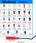 Hella Universal Car Retainer Clips 1101 Piece Kit With 32 Popular Sizes detailed layout showing sizes and quantities of clips and remover tool.